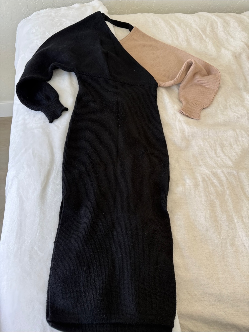 Fashion Nova Black One-Shoulder Knit Dress with Beige Sleeve